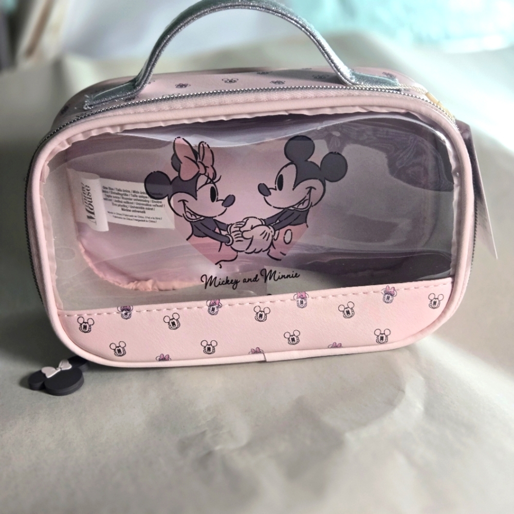 Disney Mickey and Minnie Travel Pouch Pink Sparkle Handle NWT